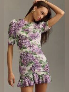 Dress the Population Lavender and Green Floral Lace Mini Dress